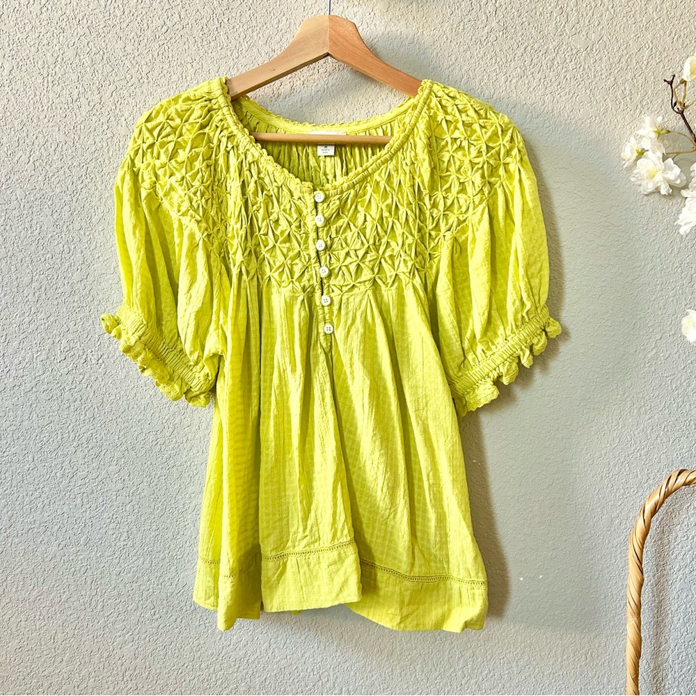 Sundance Sweetpea Blouse Top in Yellow Limeaid Size Medium Short Puff Sleeve